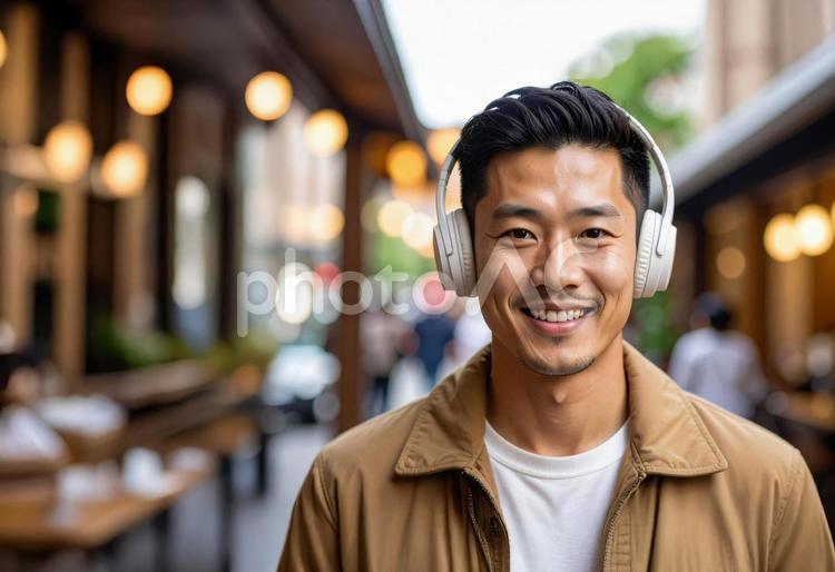 ヘッドフォンでポッドキャストを聞く男性 ワイヤレス,ヘッドフォン,音楽の写真素材