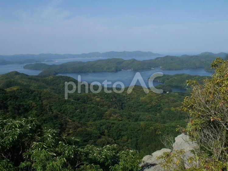 晴天の烏帽子岳展望台より浅茅湾風景、対馬 烏帽子岳,展望台,対馬の写真素材
