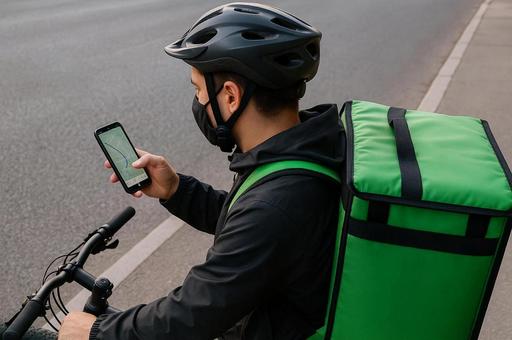 自転車で配達をする男性 自転車で配達をする男性の写真