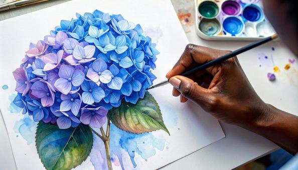 アジサイの絵を描く人の手もと アジサイの絵を描く人の手もとの写真