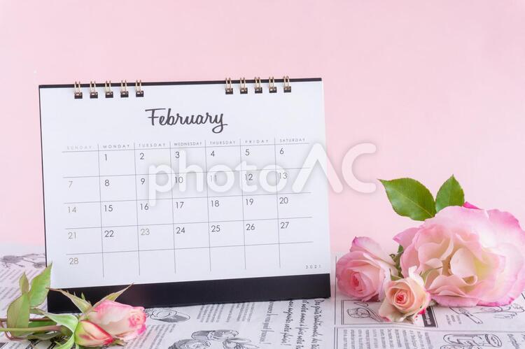 2月のカレンダーとピンクのバラ 2月,カレンダー,バラの写真素材