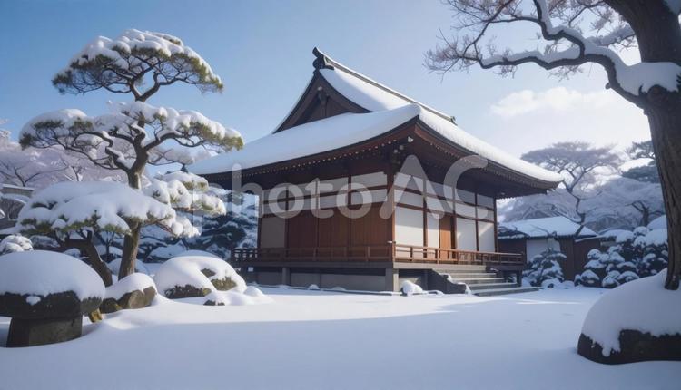 大雪が降った翌日の朝の日本庭園 大雪,朝,日本の写真素材