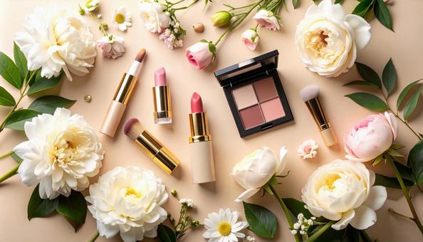 パステル調の背景にピンク系のコスメと花 パステル調の背景にピンク系のコスメと花の写真