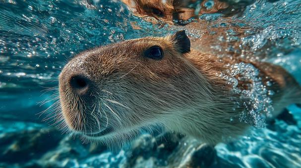 水中から見た、リラックスして泳ぐカピバラ 水中から見た、リラックスして泳ぐカピバラの写真