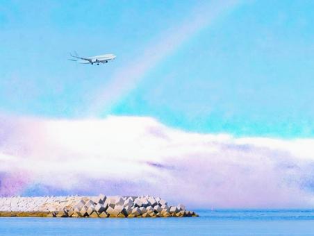 海と飛行機(虹) 海と飛行機(虹)の写真