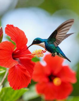 ハイビスカスの蜜を吸うハチドリ ハイビスカスの蜜を吸うハチドリの写真