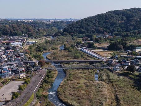 神奈川・中津川 2025年秋 ドローン,空撮,中津川の写真素材