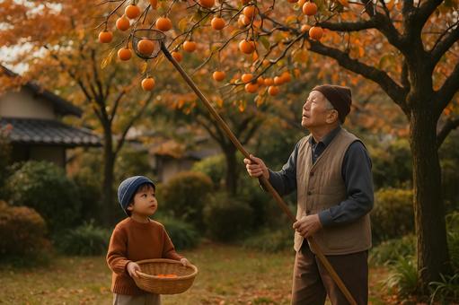 祖父と柿の収穫 祖父と柿の収穫の写真