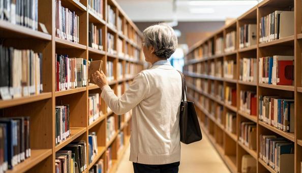 図書館で本を探しているシニア女性 図書館で本を探しているシニア女性の写真