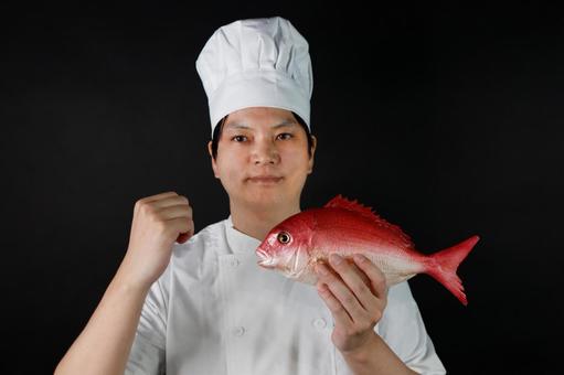 紅鮭を持つ料理人 料理人,シェフ,紅鮭の写真素材