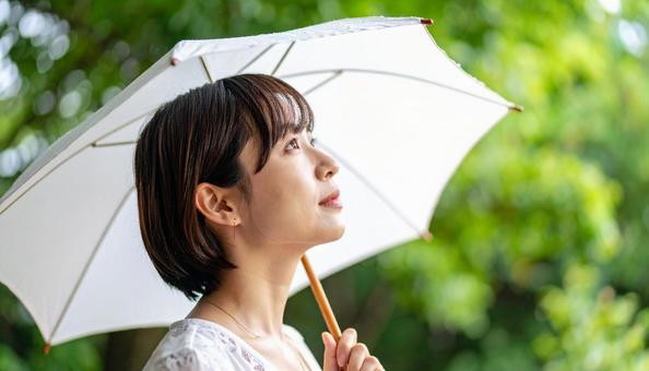 雨上がり 傘をさして上を見上げる女性 雨上がり 傘をさして上を見上げる女性の写真
