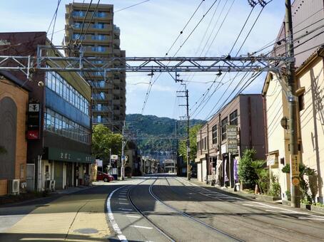 京阪石山坂本線浜大津付近の併用軌道 併用軌道,路面電車,京阪電気鉄道の写真素材