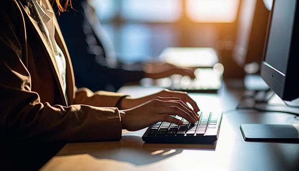 パソコンに両手で入力するデスクワーク パソコンに両手で入力するデスクワークの写真