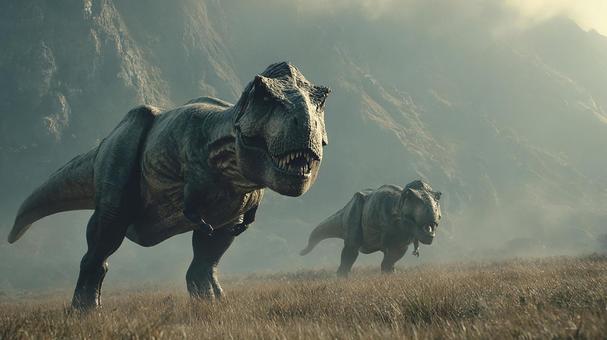リアルなティラノサウルスが歩む森林 リアルなティラノサウルスが歩む森林の写真