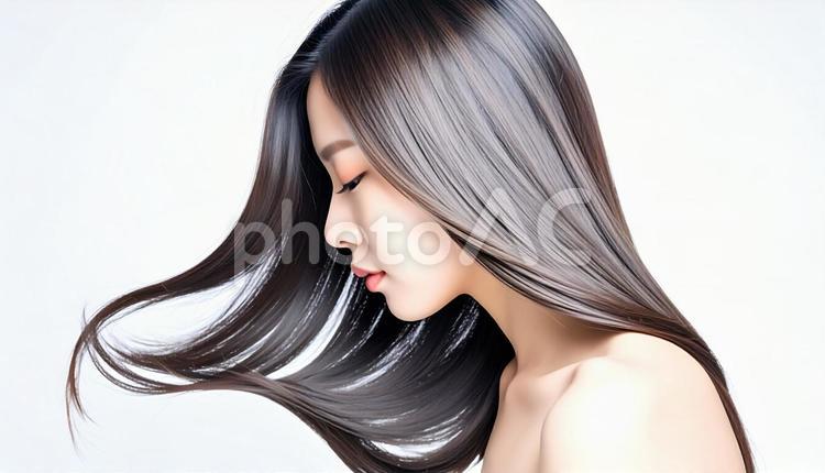 うつむいているヘアモデルの日本人女性 ヘアモデル,髪の毛,女性の写真素材