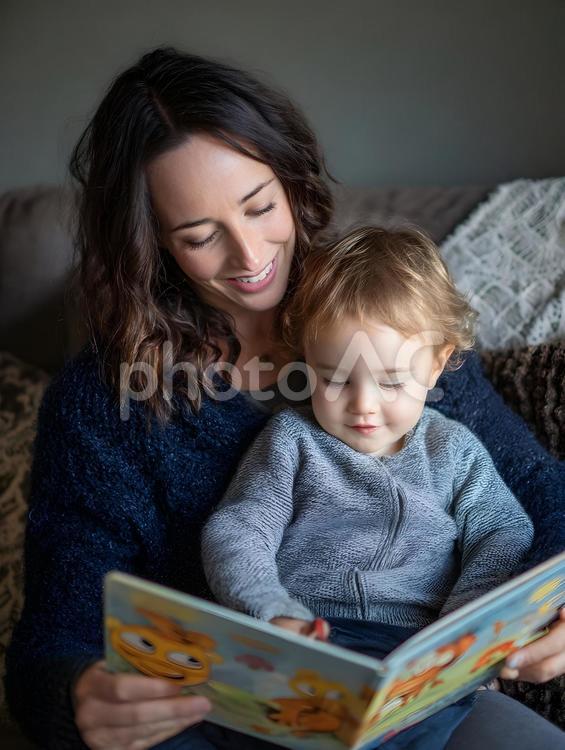母親と子供が絵本を読む幸せなひととき 母親,子供,絵本の写真素材