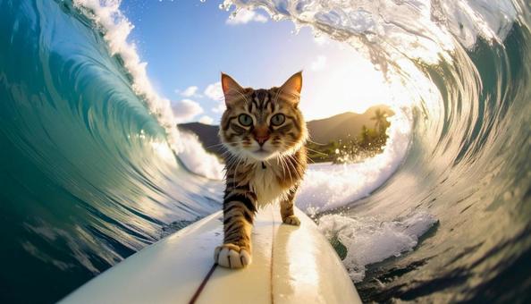 サーフィン中チューブに包まれる寸前の猫Aの写真