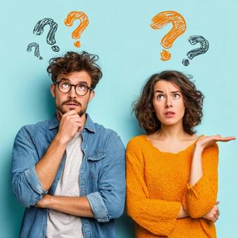 Close-up of man and woman expressing questions and doubts, men and women, a couple, couple, JPG