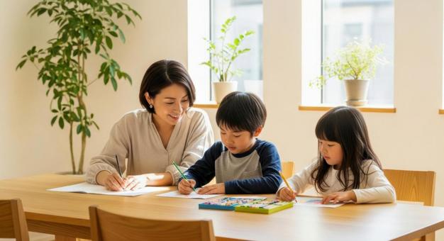 親子でお絵描き・勉強シーン 親子でお絵描き・勉強シーンの写真