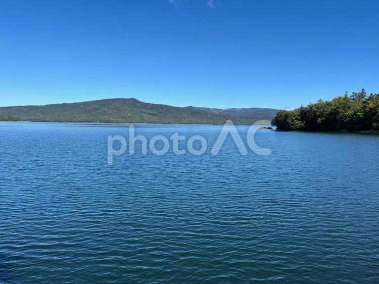 のどかな晴れの日の湖面 湖,森,空の写真素材