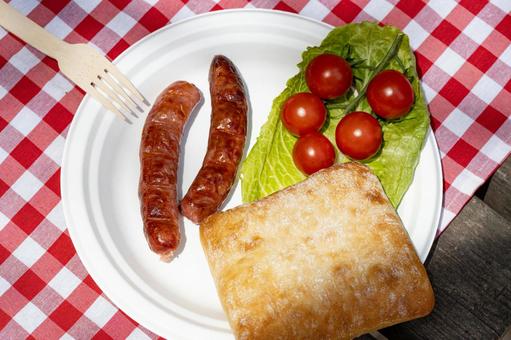 上からみた紙皿のパンやソーセージ ソーセージ,パン,ミニトマトの写真素材