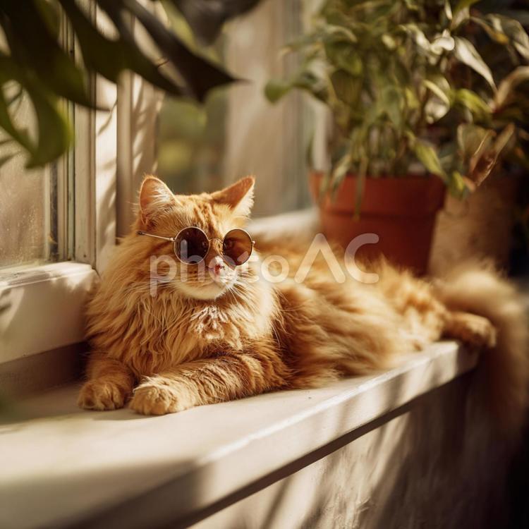 サングラスをかけたおしゃれな茶トラ猫 猫,茶トラ,ふわふわの写真素材