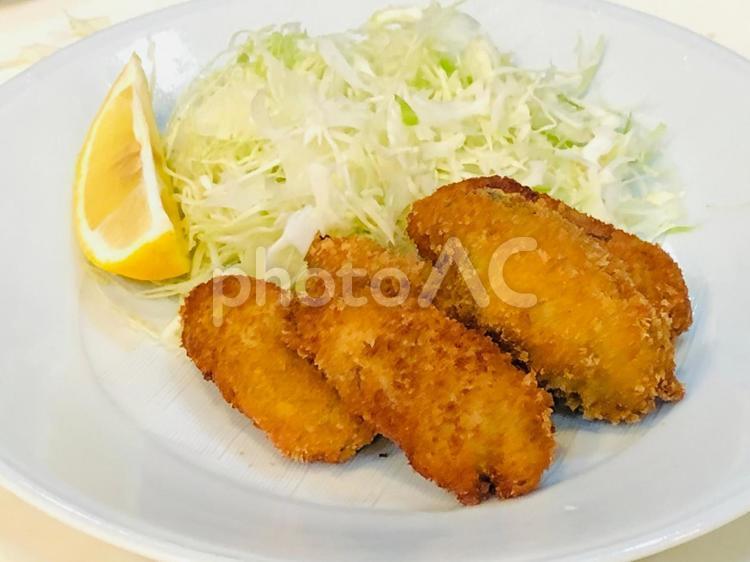 	サクサク牡蠣フライと千切りキャベツ 牡蠣,牡蠣フライ,夕食の写真素材