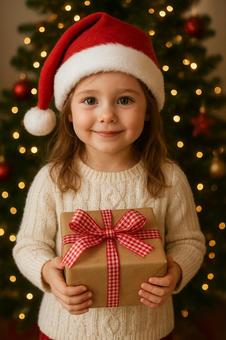 サンタ帽の女の子、クリスマスの贈り物の写真