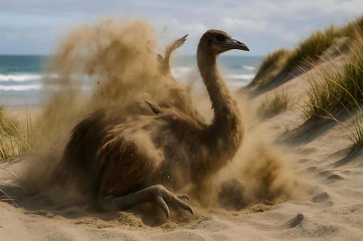 砂丘で砂浴びするモアの写真