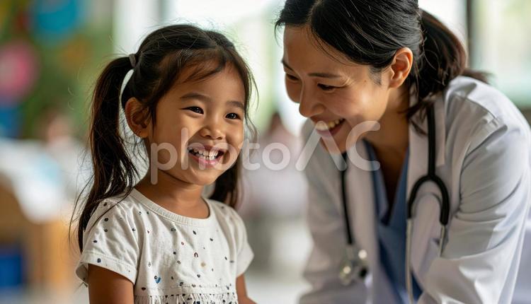 小さい女の子と話す笑顔の日本人女性医師 医師,子供,診察の写真素材