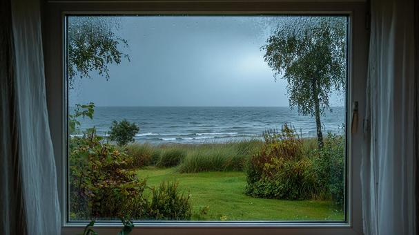 静かな雨の日の海辺の光景 静かな雨の日の海辺の光景の写真