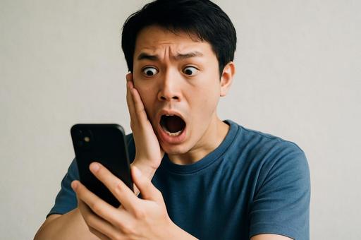 スマホを驚いている男性 スマホを驚いている男性の写真