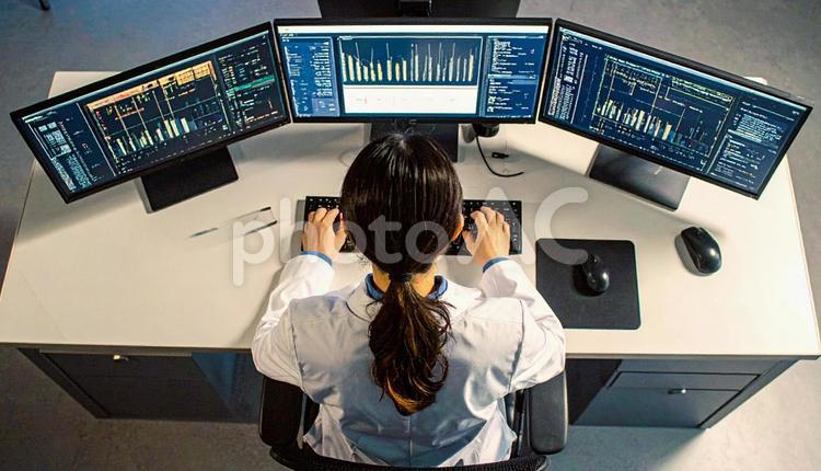 パソコンに両手で入力するデスクワーク パソコン,プログラミング,オフィスの写真素材