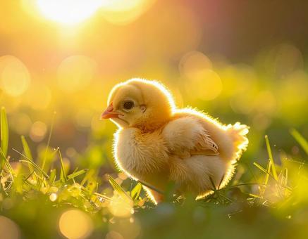 草むらを歩くかわいいひよこの写真