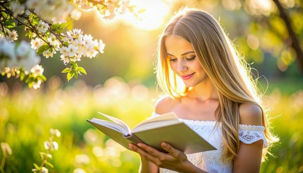 自然の中で読書をしている西洋人女性03 自然の中で読書をしている西洋人女性03の写真