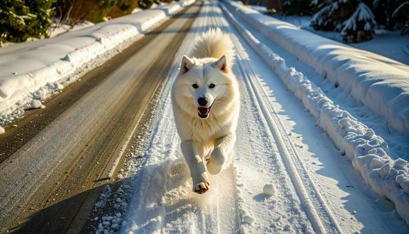 雪道を走ってくるサモエド 雪道を走ってくるサモエドの写真