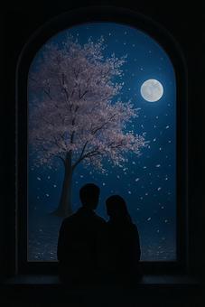 夜桜を眺めるカップル 夜桜を眺めるカップルの写真