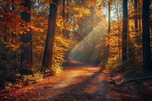 光射す紅葉の森の小径 光射す紅葉の森の小径の写真