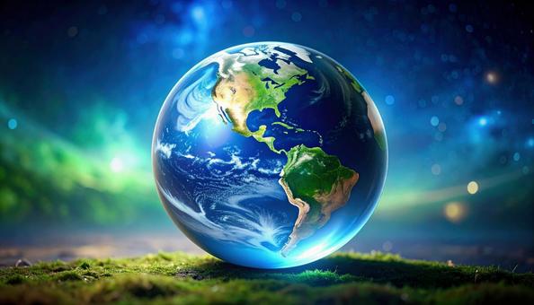 苔の上のクリスタル地球儀 苔の上のクリスタル地球儀の写真