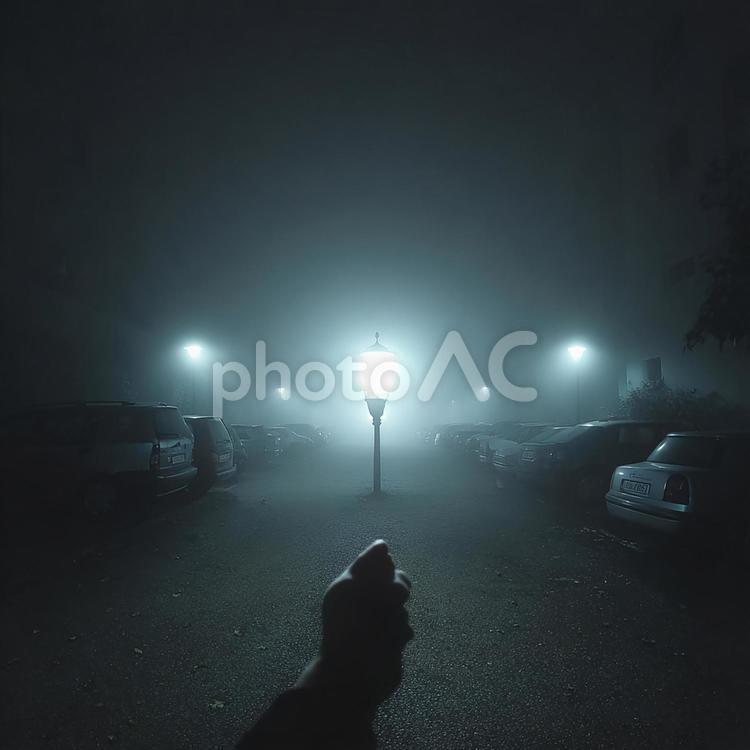 霧の夜道を手探りで進む光 霧,闇,夜の写真素材