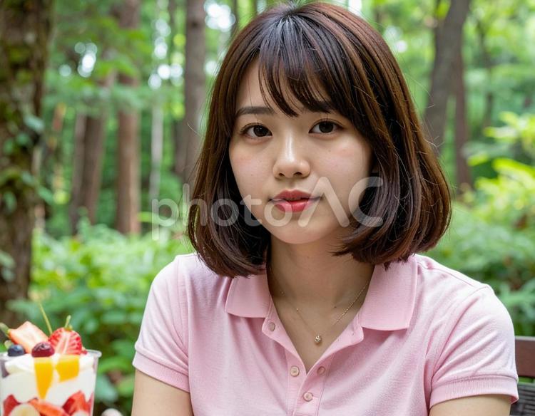 フルーツパフェを頼みました 人物,女性,フルーツパフェの写真素材