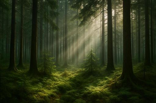 光差し込む神秘的な森 光差し込む神秘的な森の写真