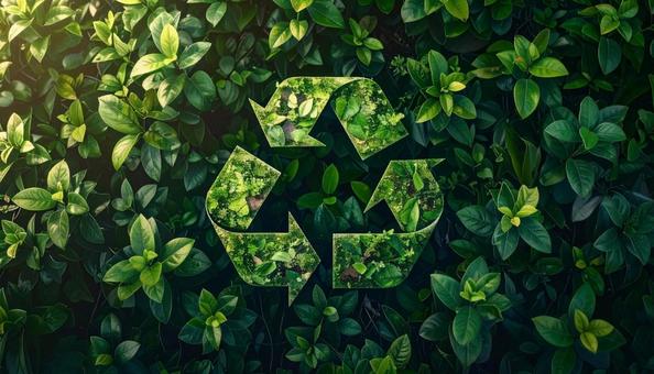 葉っぱで出来たリサイクルマークの写真