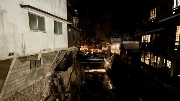 水路夜景 黒川温泉,温泉街,温泉地の写真素材
