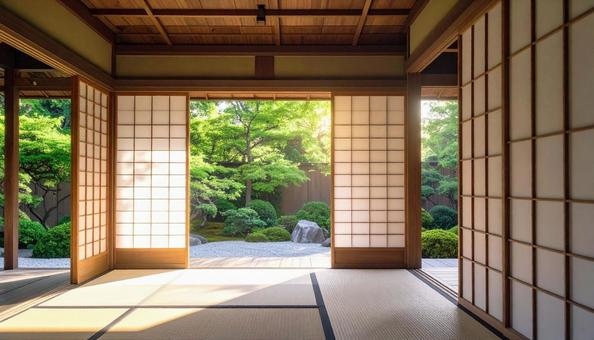 和室から眺める日本庭園の写真