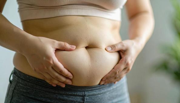肥満でたるむお腹の贅肉をつまんでいる女性 肥満でたるむお腹の贅肉をつまんでいる女性の写真