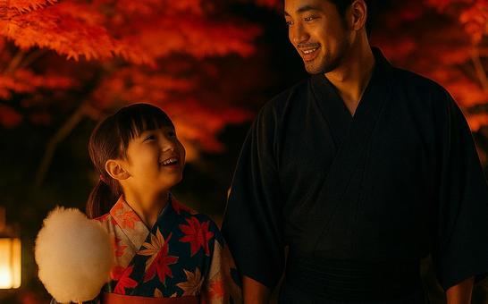 AI生成｜夜の紅葉と浴衣父子の写真