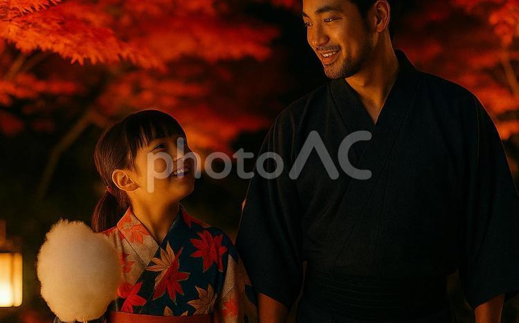 AI生成｜夜の紅葉と浴衣父子 ai生成,紅葉,浴衣の写真素材