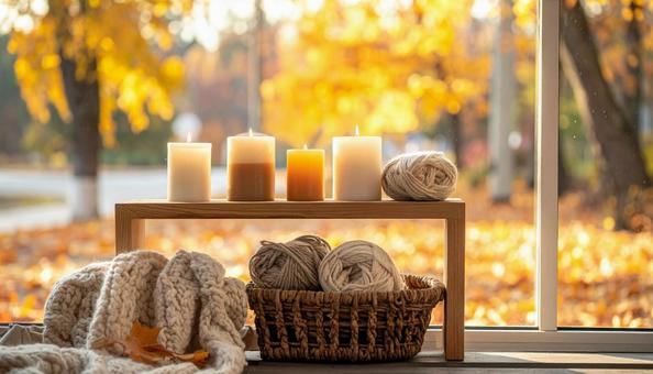 晩秋ディスプレイ・秋の紅葉と落ち葉、毛糸の写真