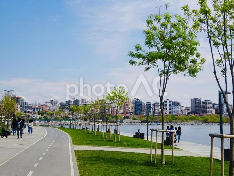 朝のモダ公園とマルマラ海 朝,青空,空の写真素材